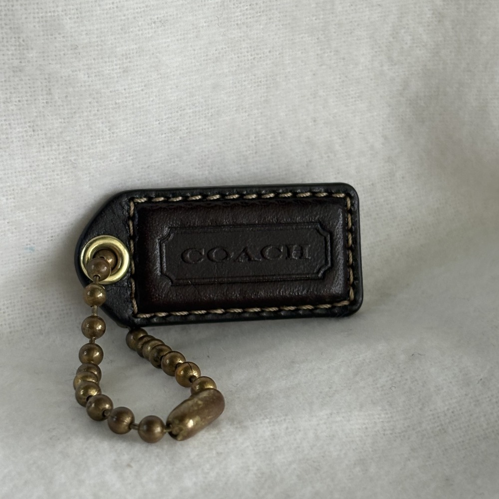 COACH 2.25" Hang Tag Fob Bag Charm Dark Espresso Brown Leather, Brass Ball Chain